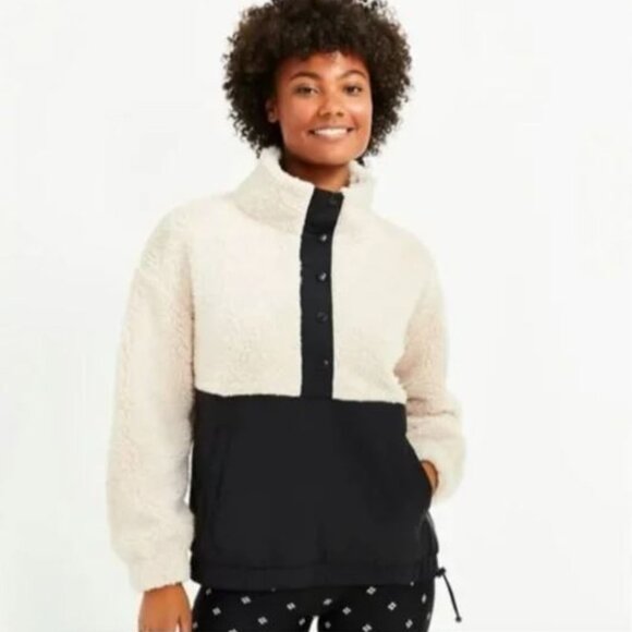 Lou & Grey Faux Sherpa Pullover 1/4 Snap Sweatshirt Ivory Black Size S - Picture 1 of 10